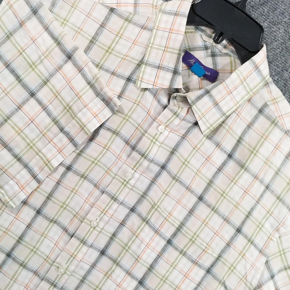 Alan‎ Flusser Shirt Mens XL Multicolor Plaid Short Sleeve Linen Button Up Casual